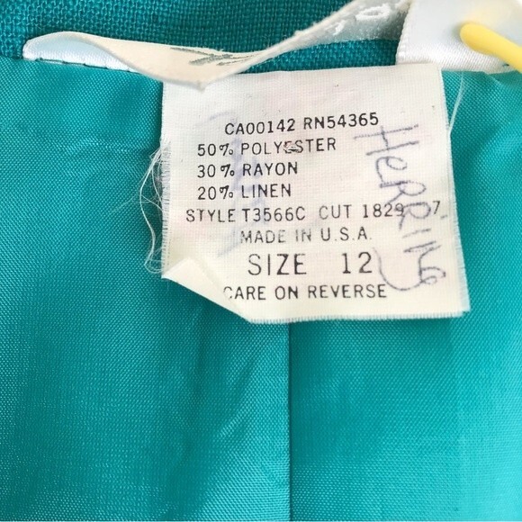 Vintage Tan Jay Div of Nygard Linen Blend Teal Open Front Blazer Jacket Women 12 - Picture 7 of 13